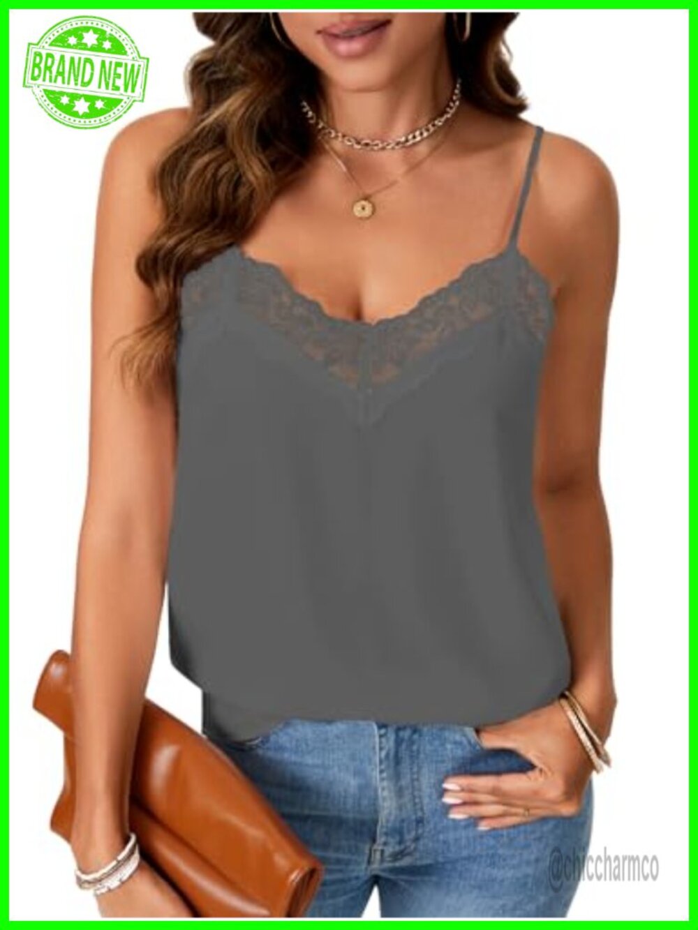 Satin Lace Trim V Neck Cami Tank Top Adjustable Spaghetti Strap